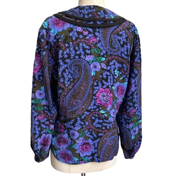 80s vintage floral Peter Pan Collar blouse paisley print puff sleeve button up. - Picture 5 of 7